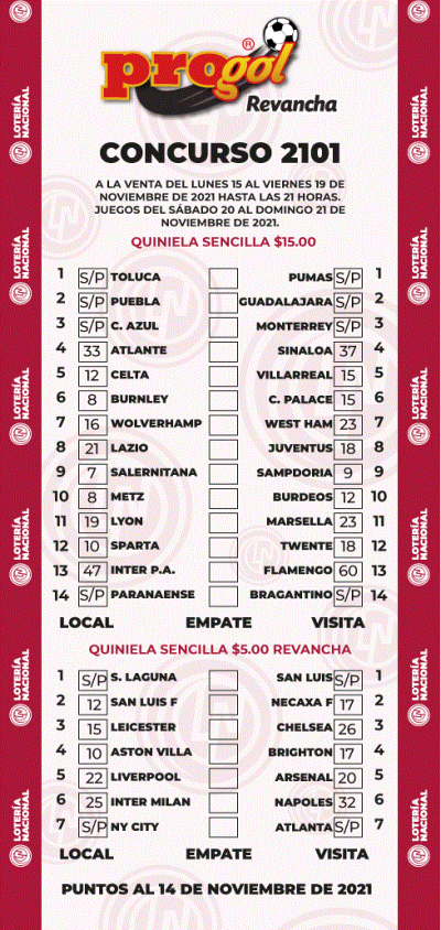 Partidos Progol 2101 Quiniela Ganadora