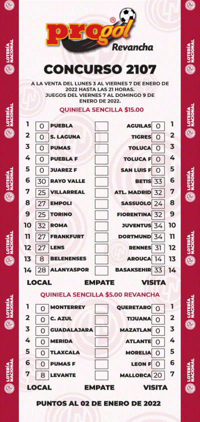 Partidos Progol 2107 Quiniela Ganadora