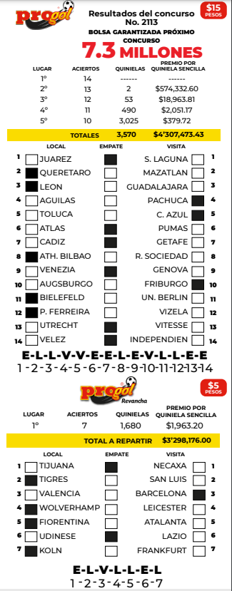 Resultados Progol 2113 Quiniela Ganadora