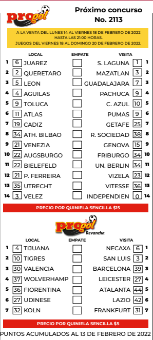 Partidos Progol 2113 Quiniela Ganadora