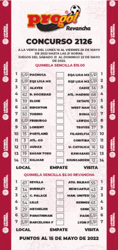 Partidos Progol 2126 Quiniela Ganadora