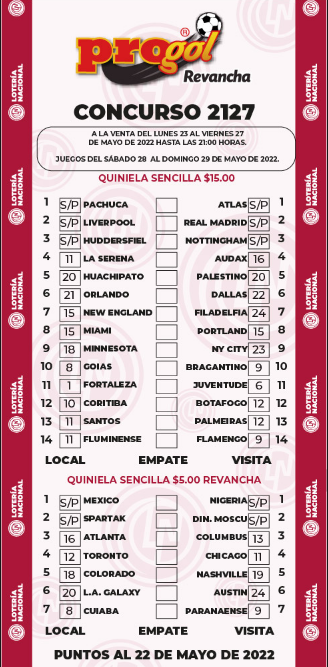 Partidos Progol 2127 Quiniela Ganadora
