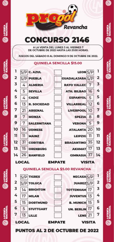 Partidos Progol 2146 Quiniela Ganadora