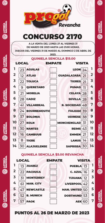 Partidos Progol 2170 Quiniela Ganadora