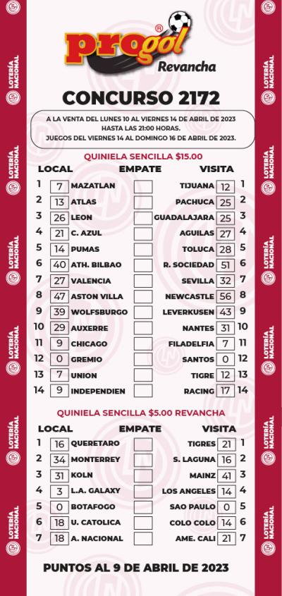 Partidos Progol 2172 Quiniela Ganadora
