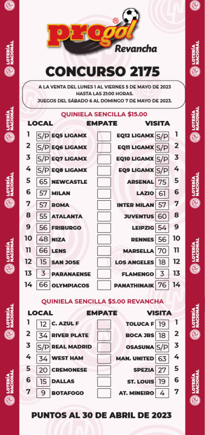 Partidos Progol 2175 Quiniela Ganadora