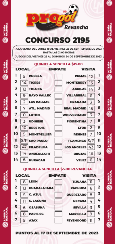 Partidos Progol 2195 Quiniela Ganadora