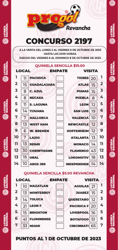 Partidos Progol 2197 Quiniela Ganadora