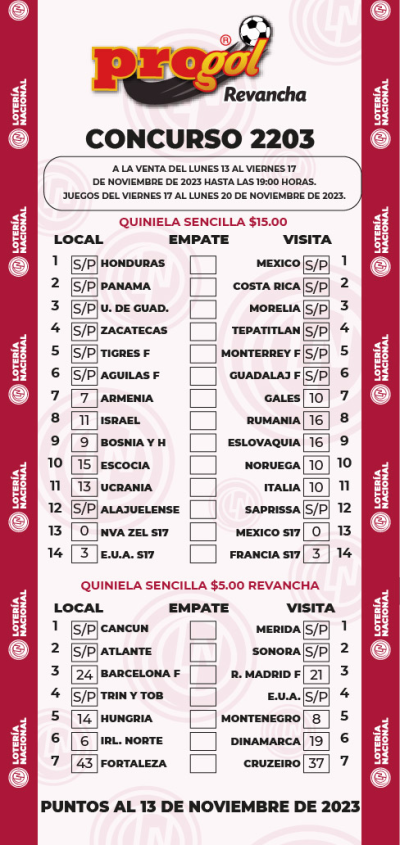 Partidos Progol 2203 Quiniela Ganadora