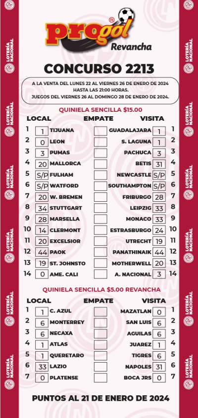 Partidos Progol 2213 Quiniela Ganadora