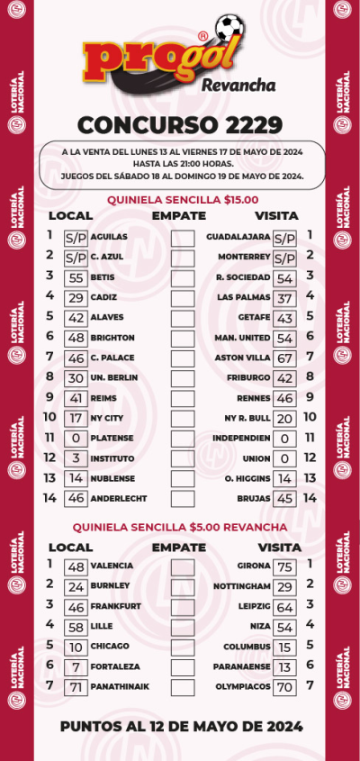 Partidos Progol 2229 Quiniela Ganadora