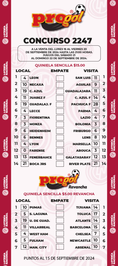 Partidos Progol 2247 Quiniela Ganadora