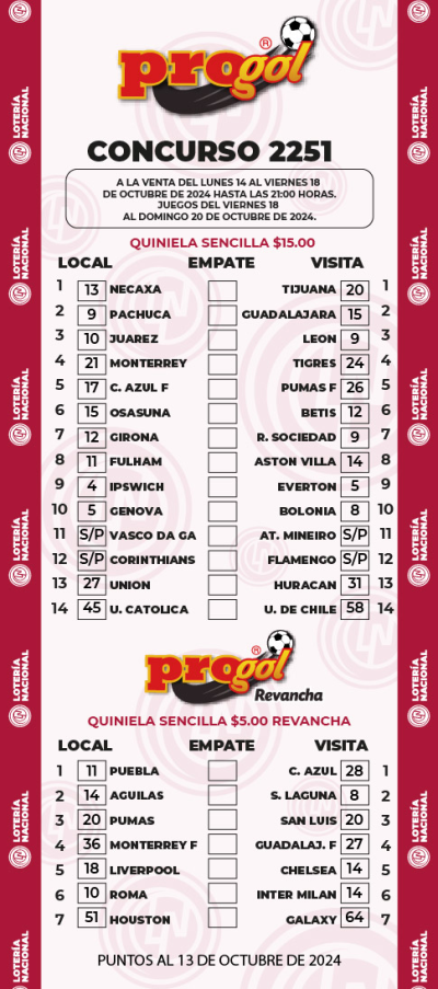 Partidos Progol 2251 Quiniela Ganadora