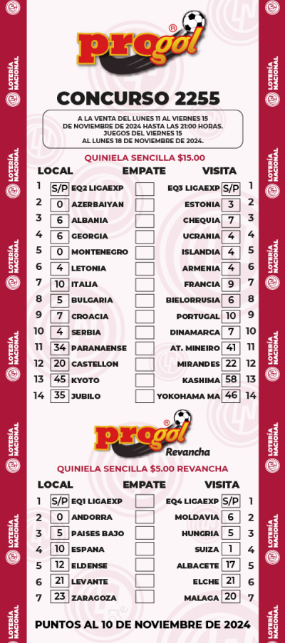 Partidos Progol 2255 Quiniela Ganadora