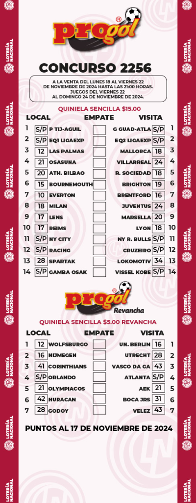 Partidos Progol 2256 Quiniela Ganadora
