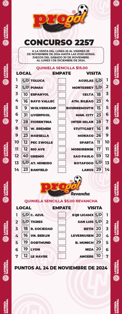 Partidos Progol 2257 Quiniela Ganadora