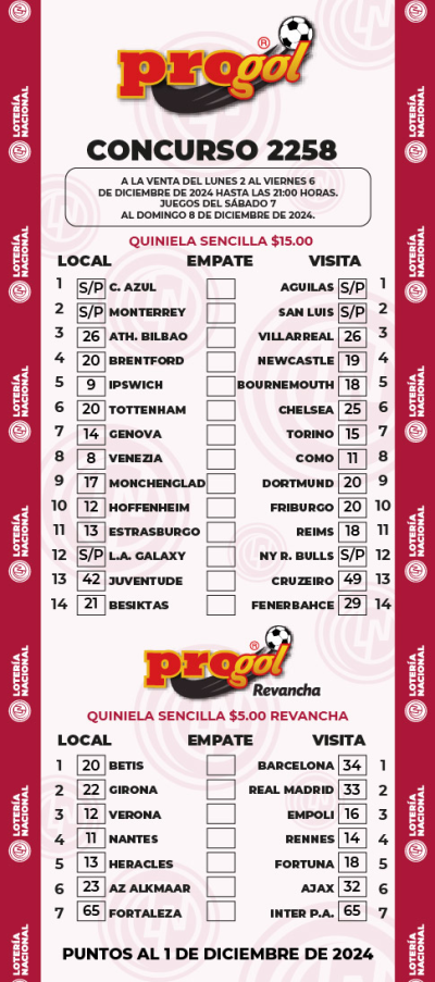 Partidos Progol 2258 Quiniela Ganadora