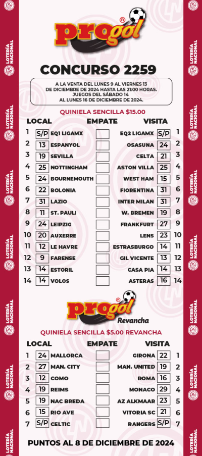 Partidos Progol 2259 Quiniela Ganadora