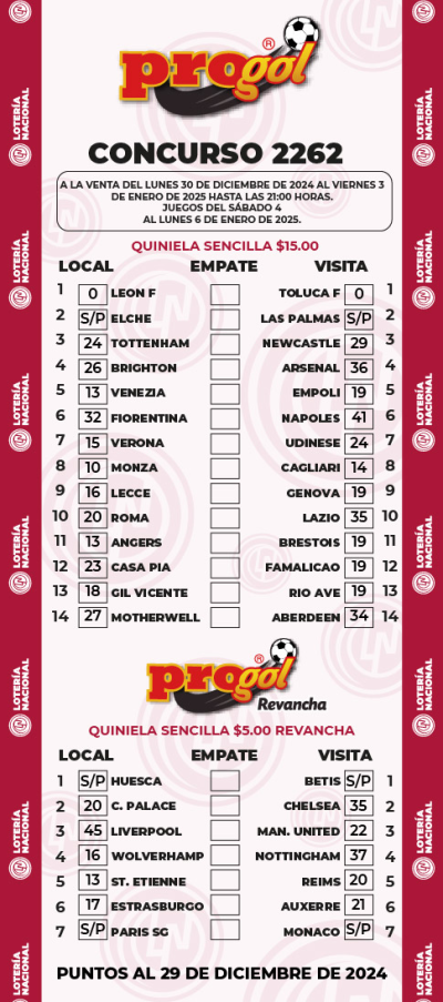 Partidos Progol 2262 Quiniela Ganadora