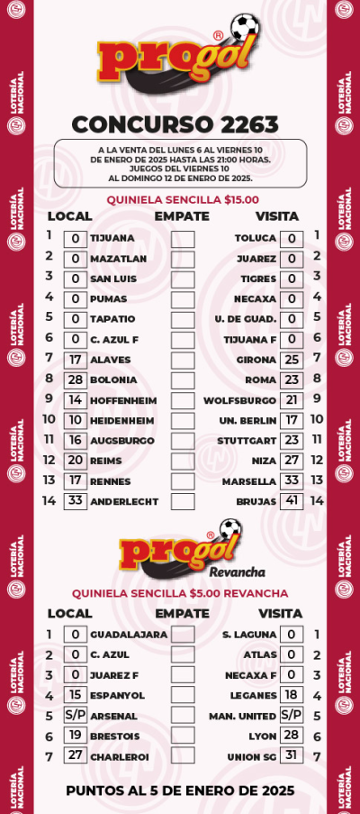 Partidos Progol 2263 Quiniela Ganadora