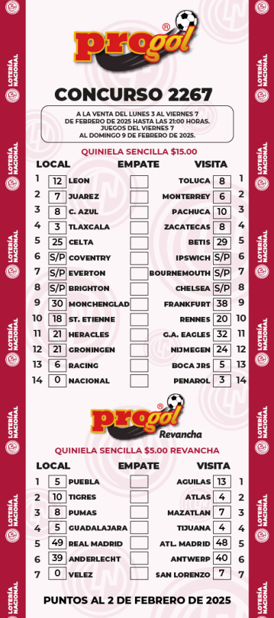 Partidos Progol 2267 Quiniela Ganadora