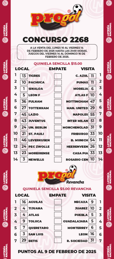 Partidos Progol 2268 Quiniela Ganadora