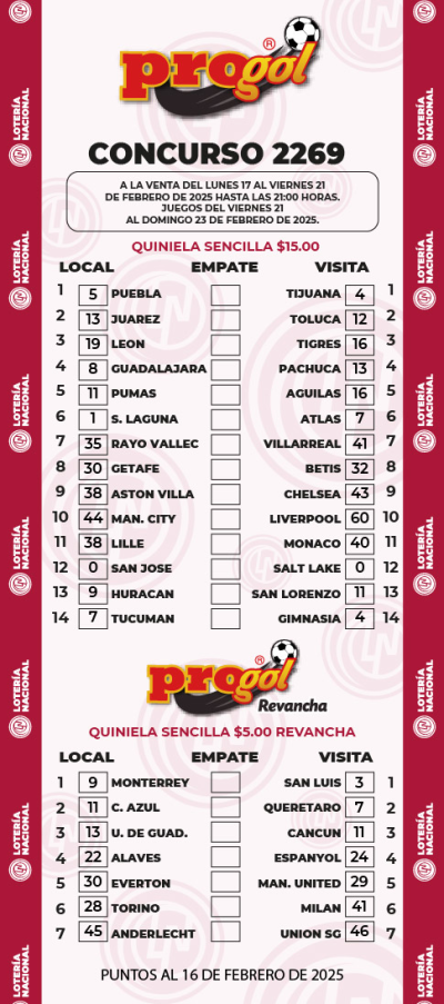 Partidos Progol 2269 Quiniela Ganadora