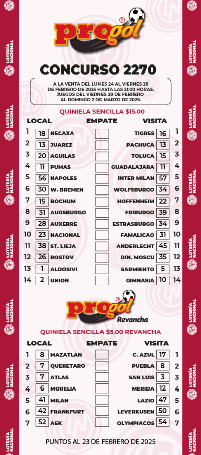 Partidos Progol 2270 Quiniela Ganadora