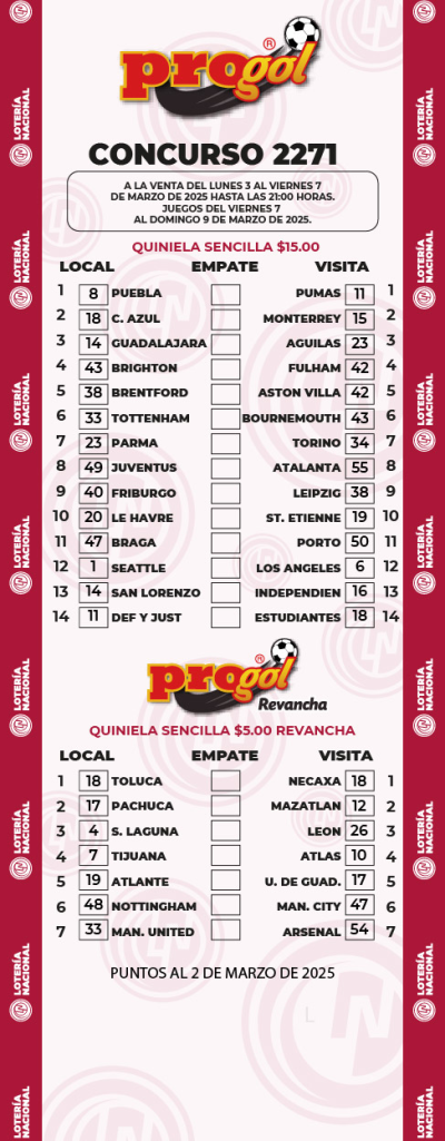 Partidos Progol 2271 Quiniela Ganadora