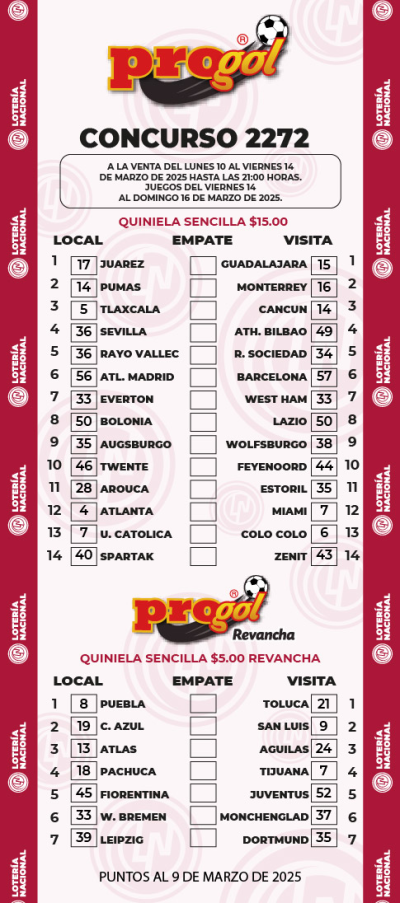 Partidos Progol 2272 Quiniela Ganadora