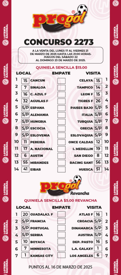 Partidos Progol 2273 Quiniela Ganadora