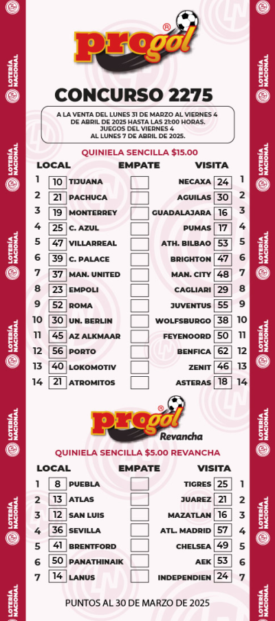 Partidos Progol 2275 Quiniela Ganadora