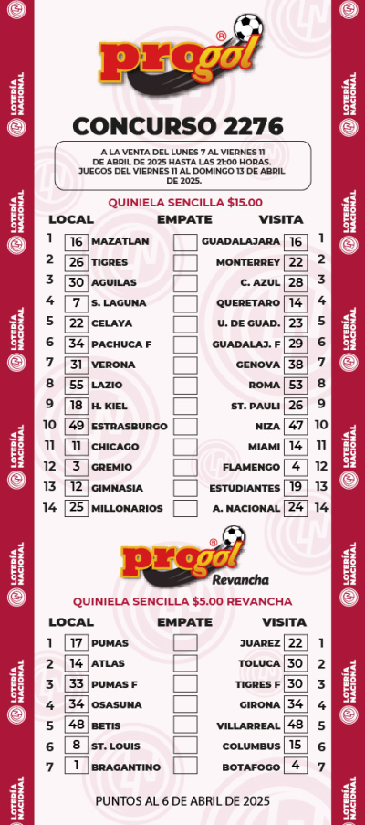 Partidos Progol 2276 Quiniela Ganadora