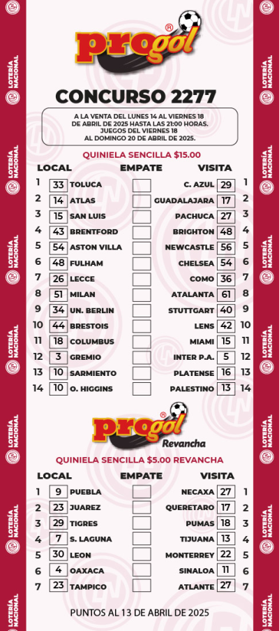 Partidos Progol 2277 Quiniela Ganadora