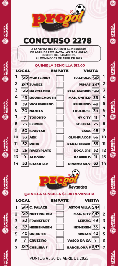 Partidos Progol 2278 Quiniela Ganadora