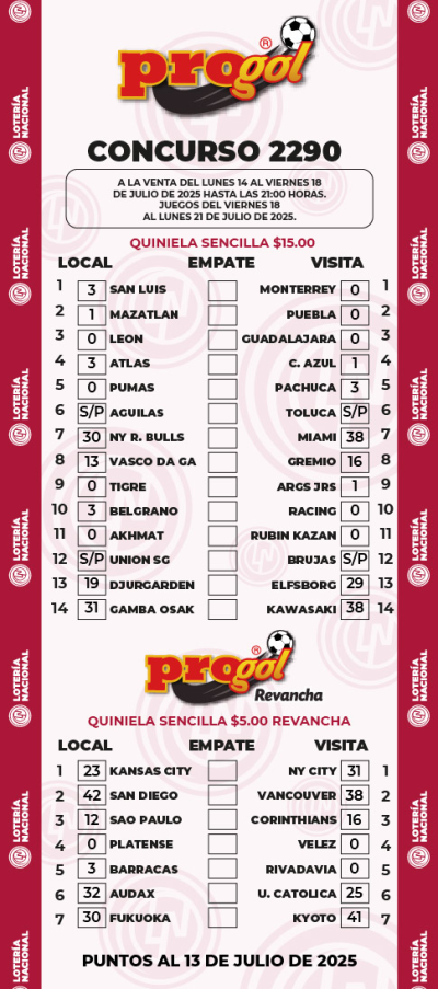 Partidos Progol 2290 Quiniela Ganadora