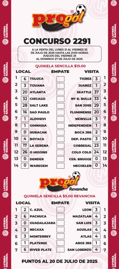Partidos Progol 2291 Quiniela Ganadora