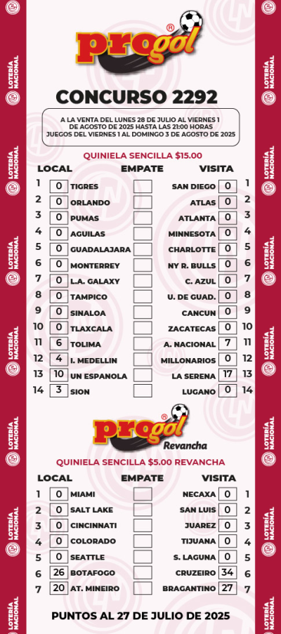 Partidos Progol 2292 Quiniela Ganadora