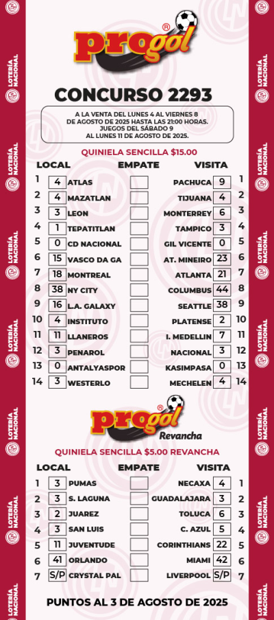 Partidos Progol 2293 Quiniela Ganadora