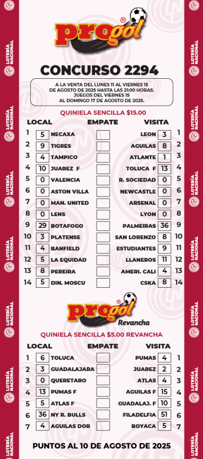 Partidos Progol 2294 Quiniela Ganadora