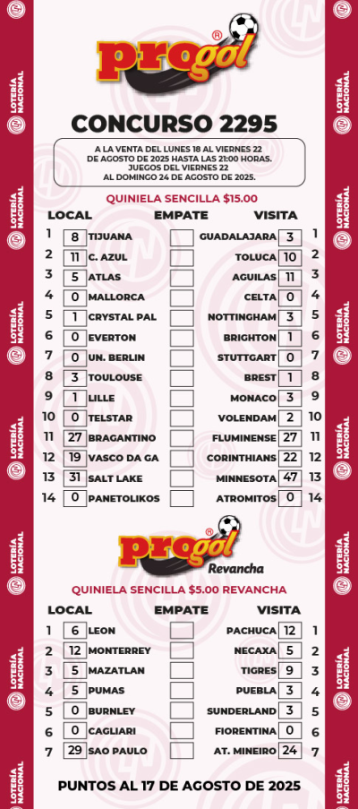 Partidos Progol 2295 Quiniela Ganadora