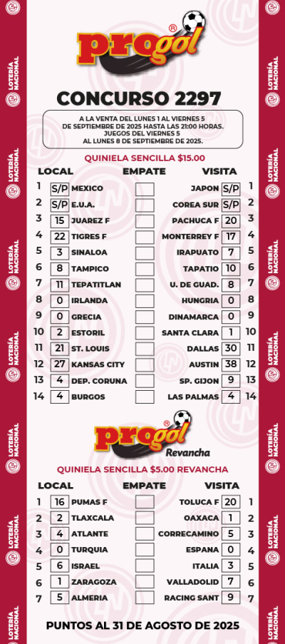 Partidos Progol 2297 Quiniela Ganadora