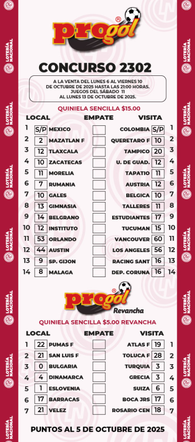 Partidos Progol 2302 Quiniela Ganadora