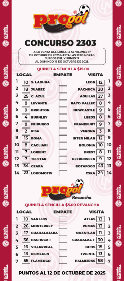 Partidos Progol 2303 Quiniela Ganadora