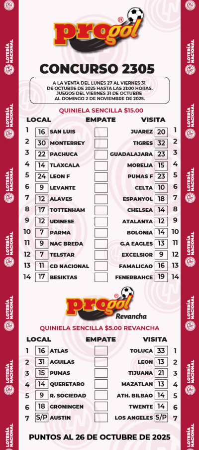 Partidos Progol 2305 Quiniela Ganadora