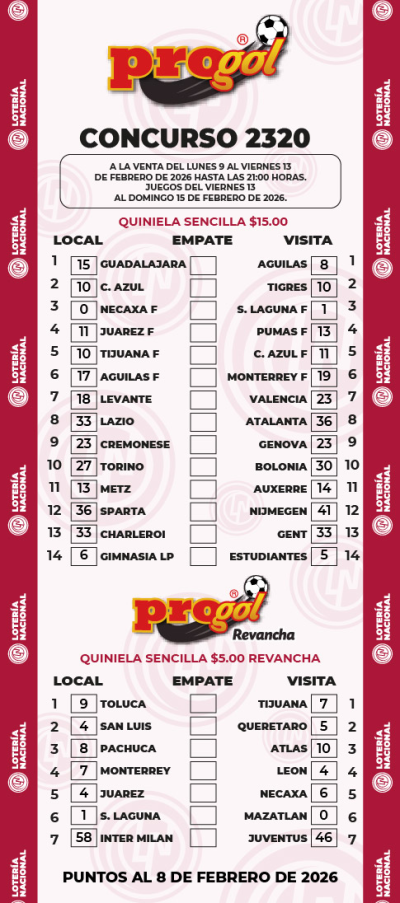 Partidos Progol 2320 Quiniela Ganadora