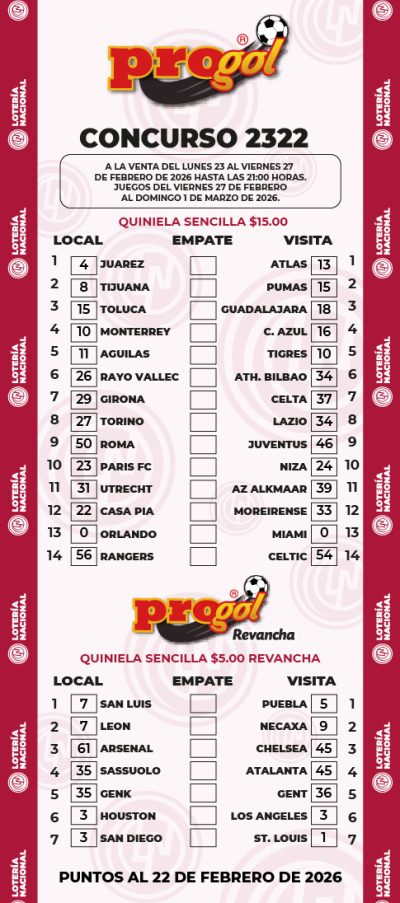 Partidos Progol 2322 Quiniela Ganadora
