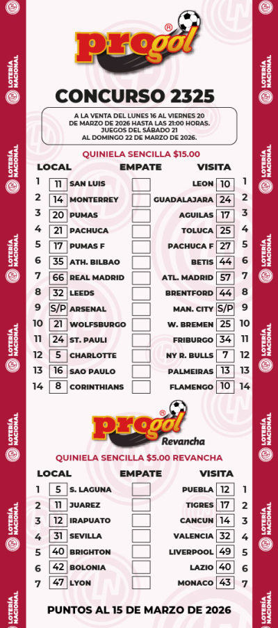 Partidos Progol 2325 Quiniela Ganadora