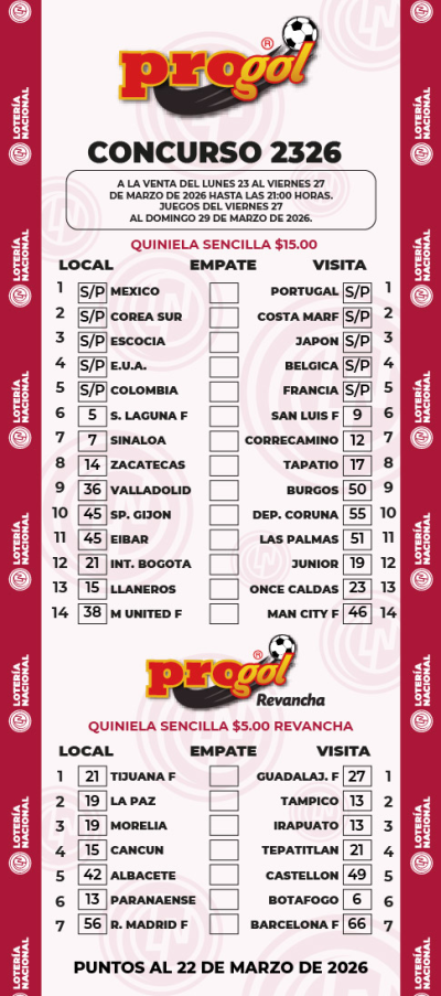 Partidos Progol 2326 Quiniela Ganadora