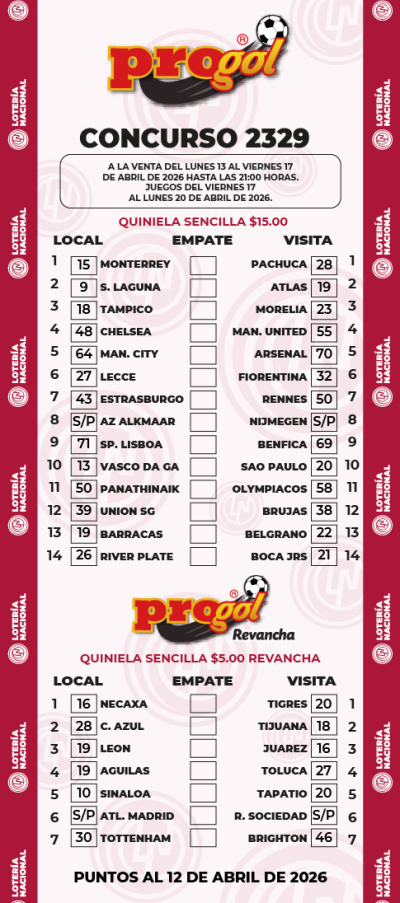 Partidos Progol 2329 Quiniela Ganadora
